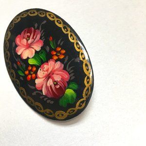 Vintage Lacquer hand painted Russian wooden folk art brooch pin, SIGNED